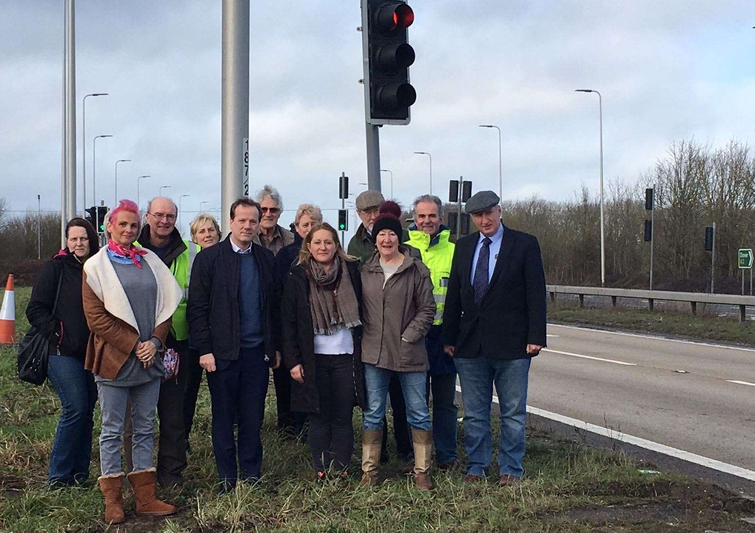 Charlie Elphicke at the A2 roadside with residents of Lydden and nearby Shepherdswell. Picture: the office of Charlie Elphicke MP