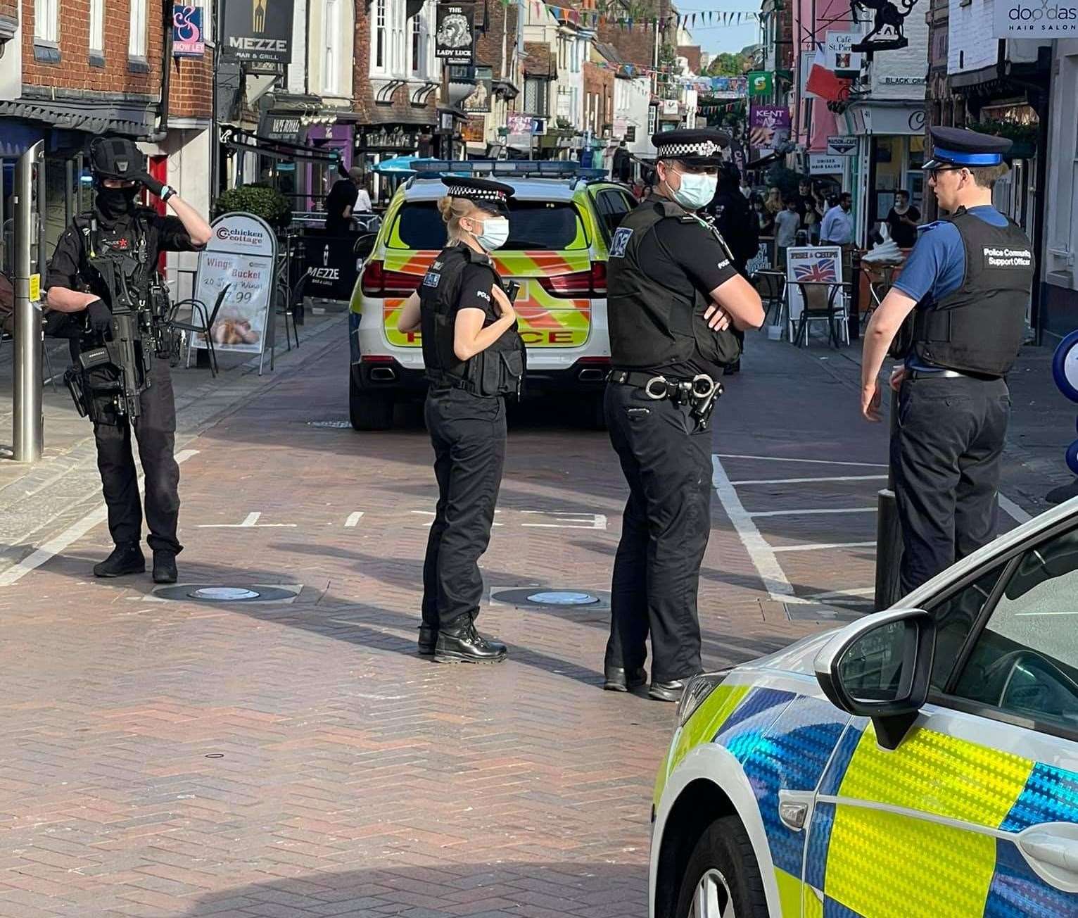 Police were photographed at the entrance to Canterbury high street this evening. Picture: Dylan Thompson