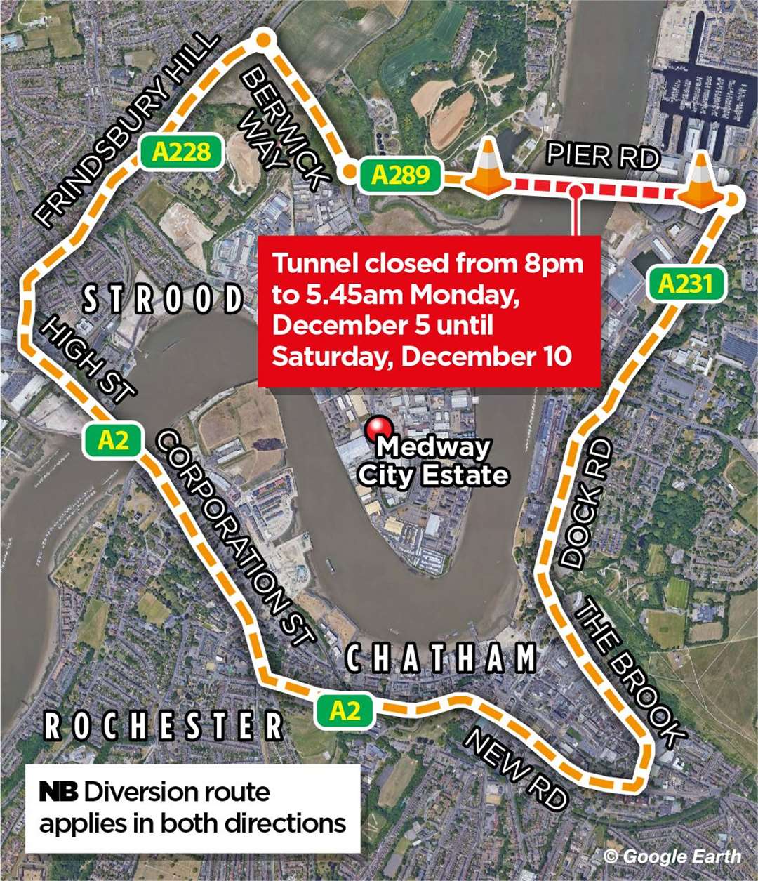 The diversion route while the tunnel is closed overnight