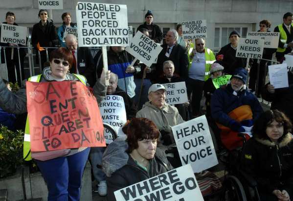 Objectors gather at County Hall to rally against the closure of QEF Resource Centre. Pictures: MATTHEW WALKER