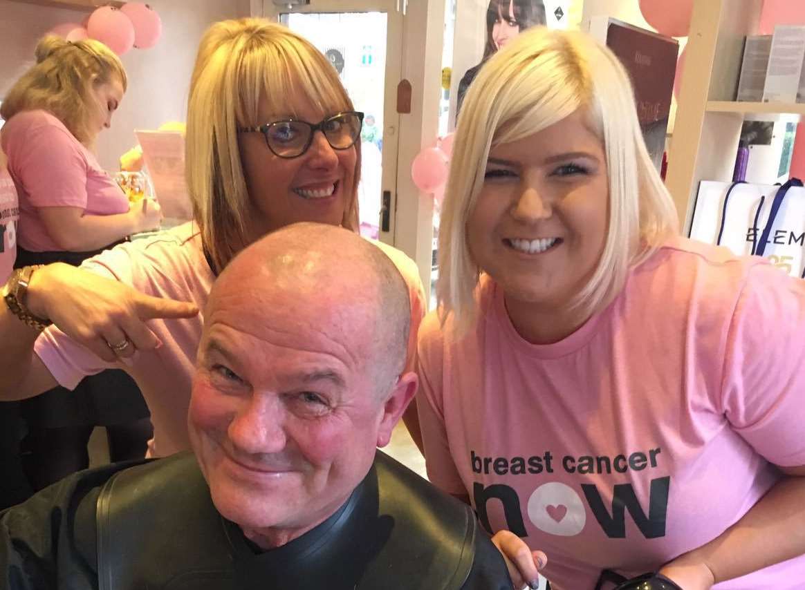 Philip Scudamore, with Kerry Rubins and Claire Blaszinski, after his headshave