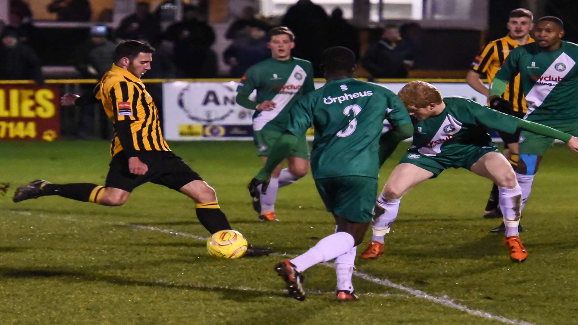 Folkestone's Ian Draycott pulls the trigger for a shot from the 18-yard line Picture: Alan Langley