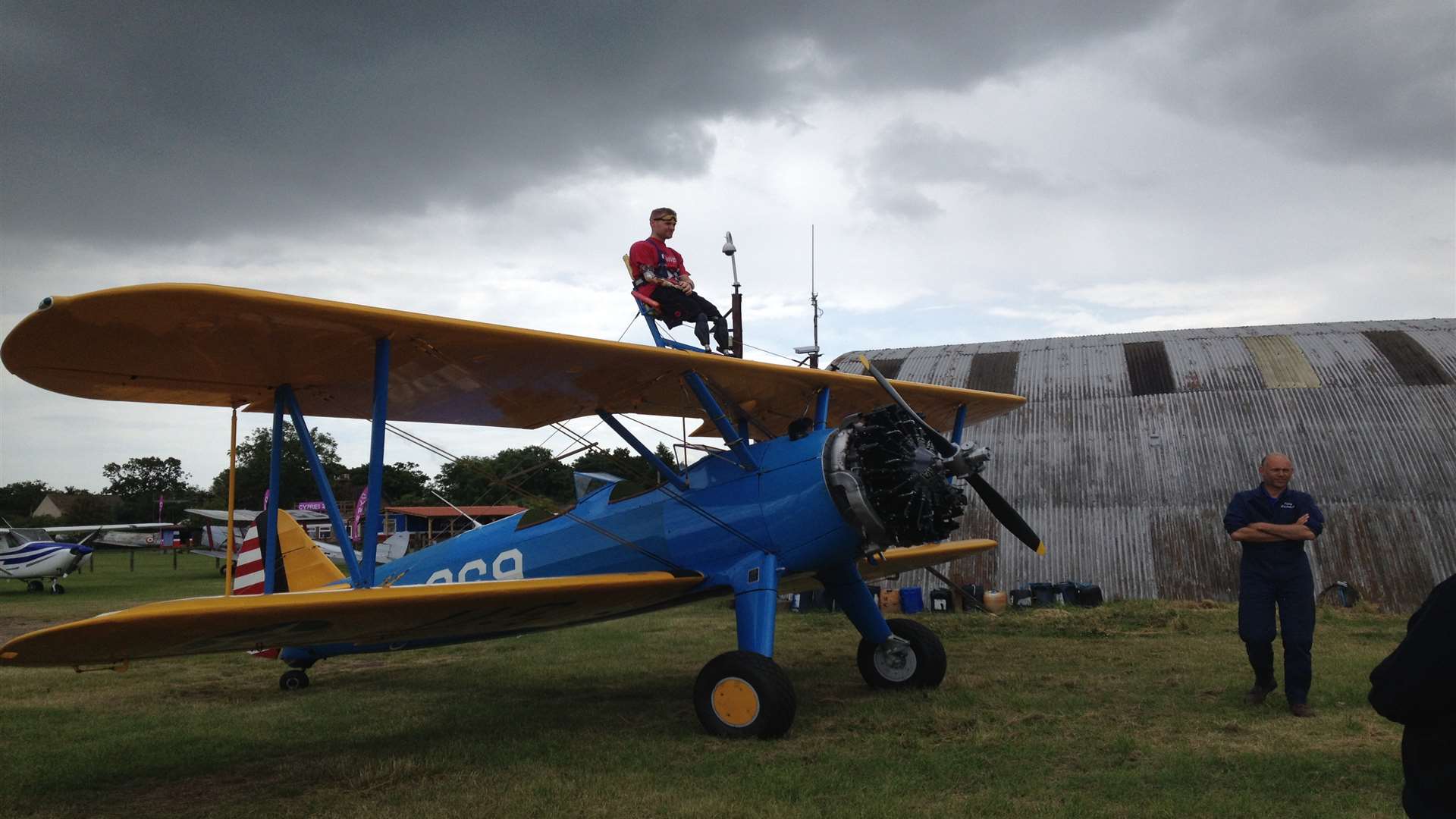 Mark Ormrod lands after his wing walk