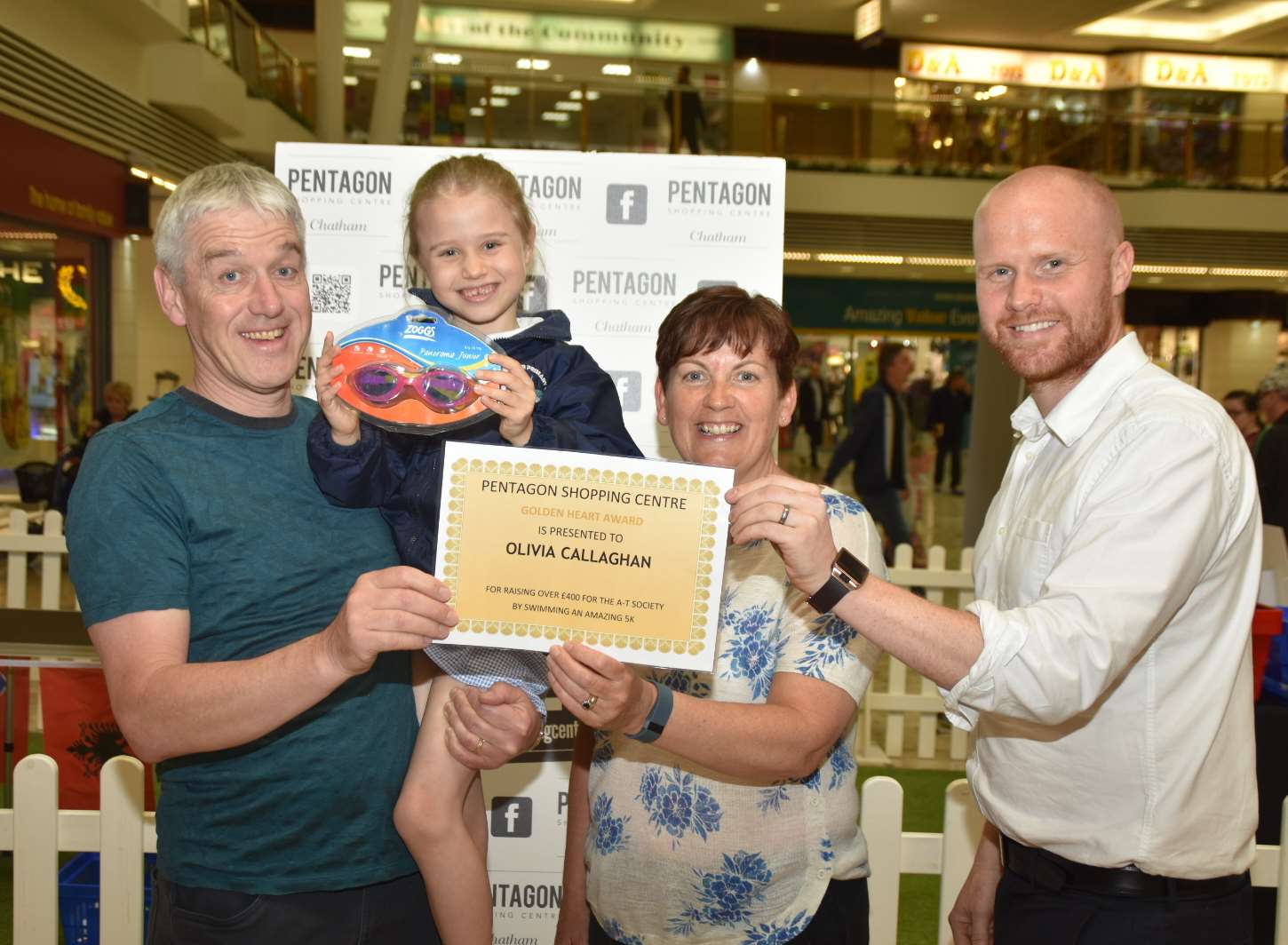 Olivia Callaghan with dad, David Callaghan, Allison Brightman, home support worker at Kingfisher Primary School and Pentagon marketing manager, Jack Brackstone Brown