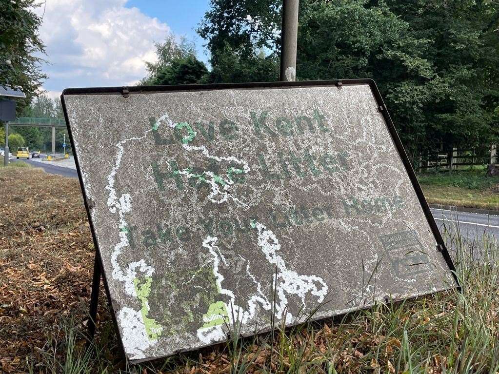 This Tunbridge Wells council Love Kent Hate Litter sign is so dirty it is unreadable