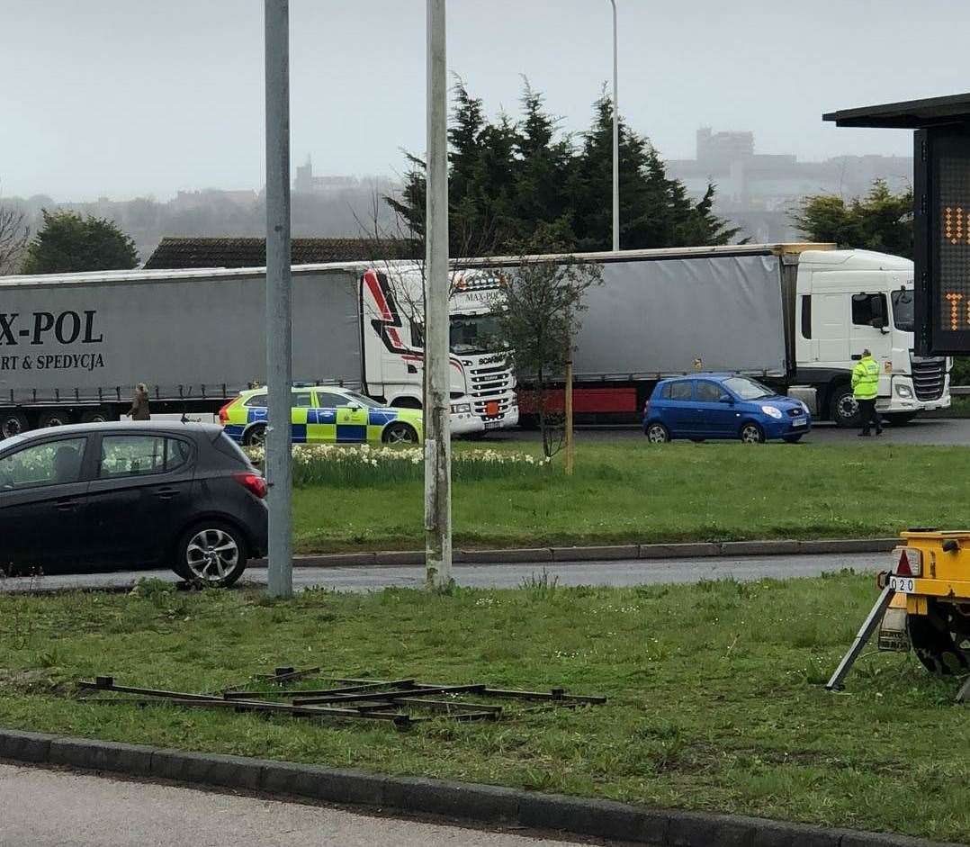 Lorries being directed by police in Folkestone. Picture: Peter Phillips