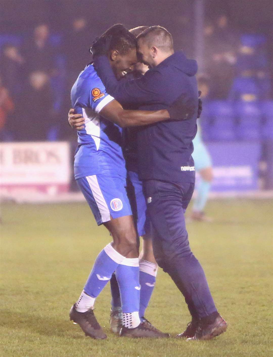 Tonbridge boss Steve McKimm embraces matchwinner Ibrahim Olutade Picture: Dave Couldridge