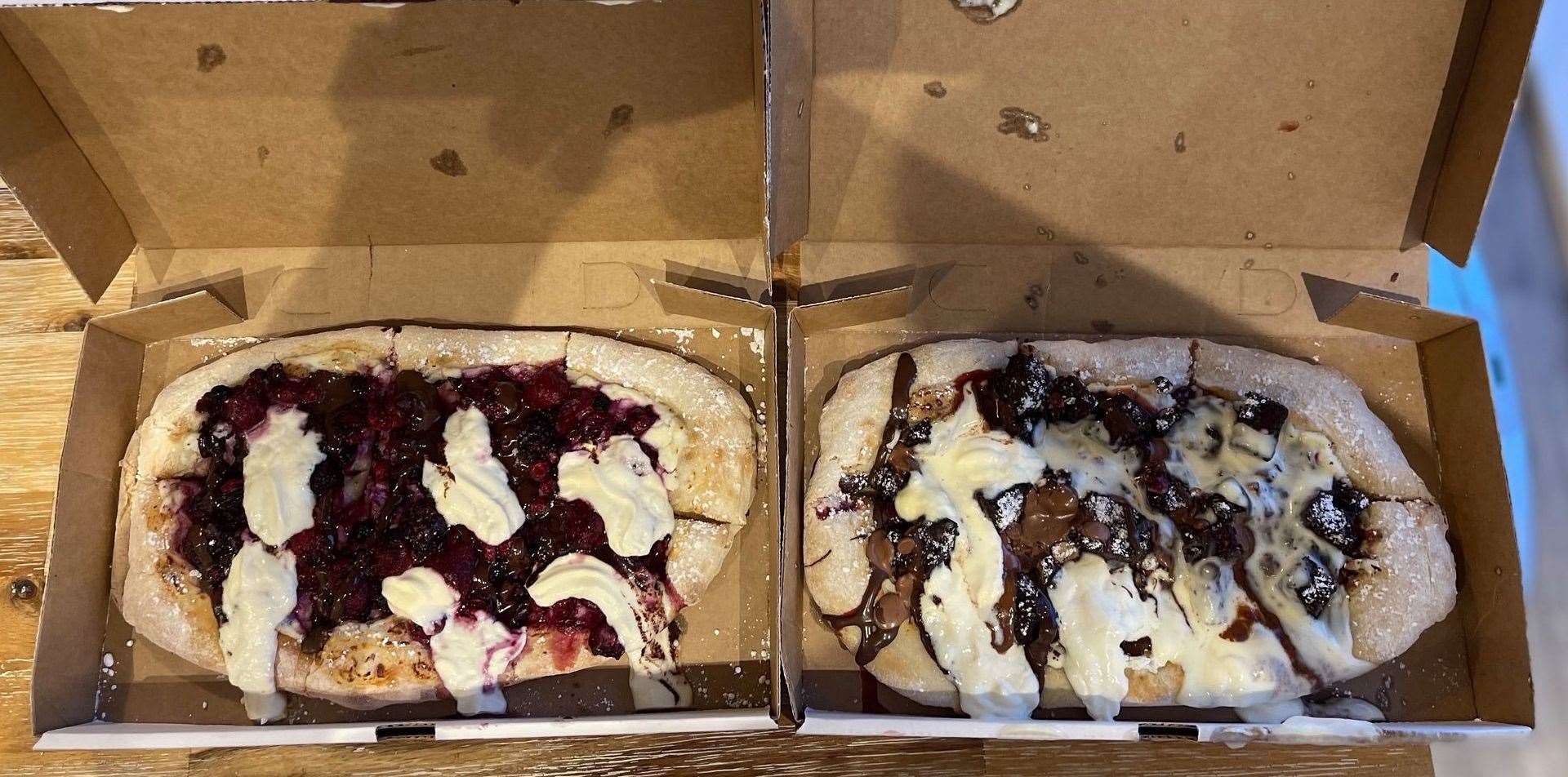 Two dessert pizzas from On Pizza, called summer nights and chocolate lovers