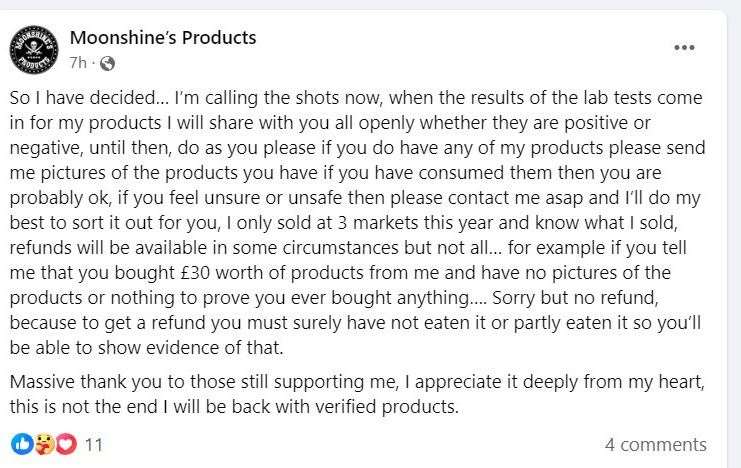 Kent-based food producer Moonshine's Products has had 15 items recalled by the Food Standards Agency over risks they "could cause death" if consumed due to concerns over production processes. Picture: Moonshine's Products/Facebook