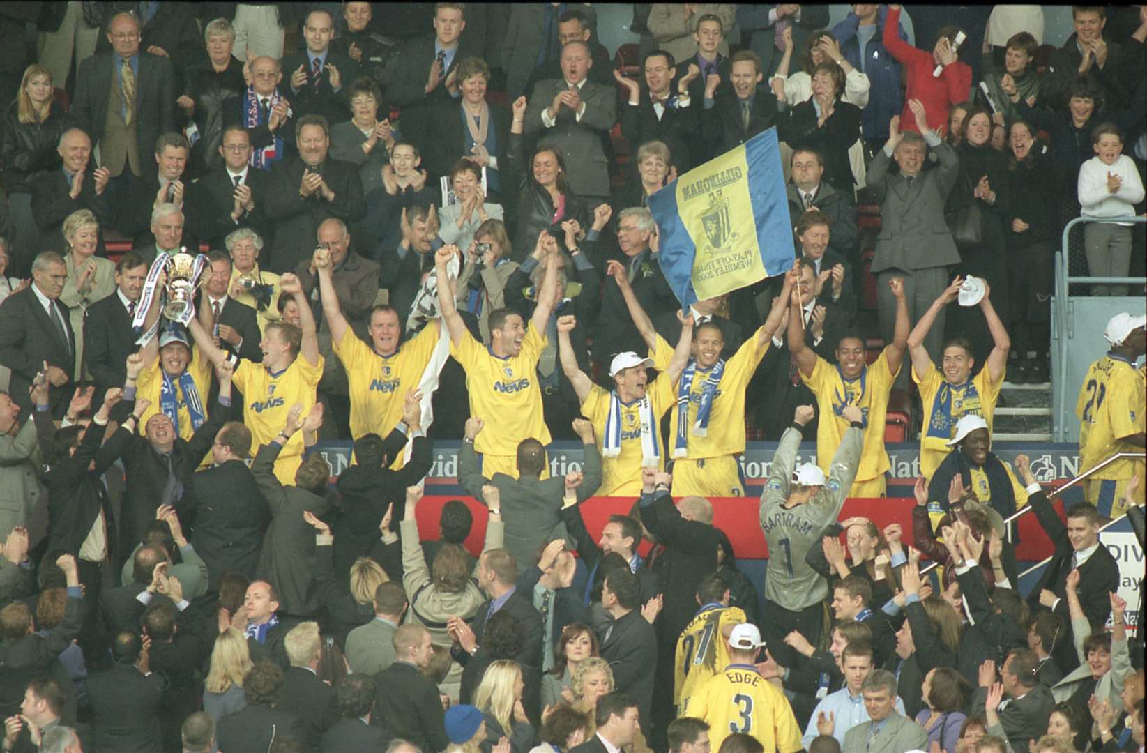 Andy Hessenthaler celebrates with team-mates at Wembley after their 2000 play-off win over Wigan Athletic