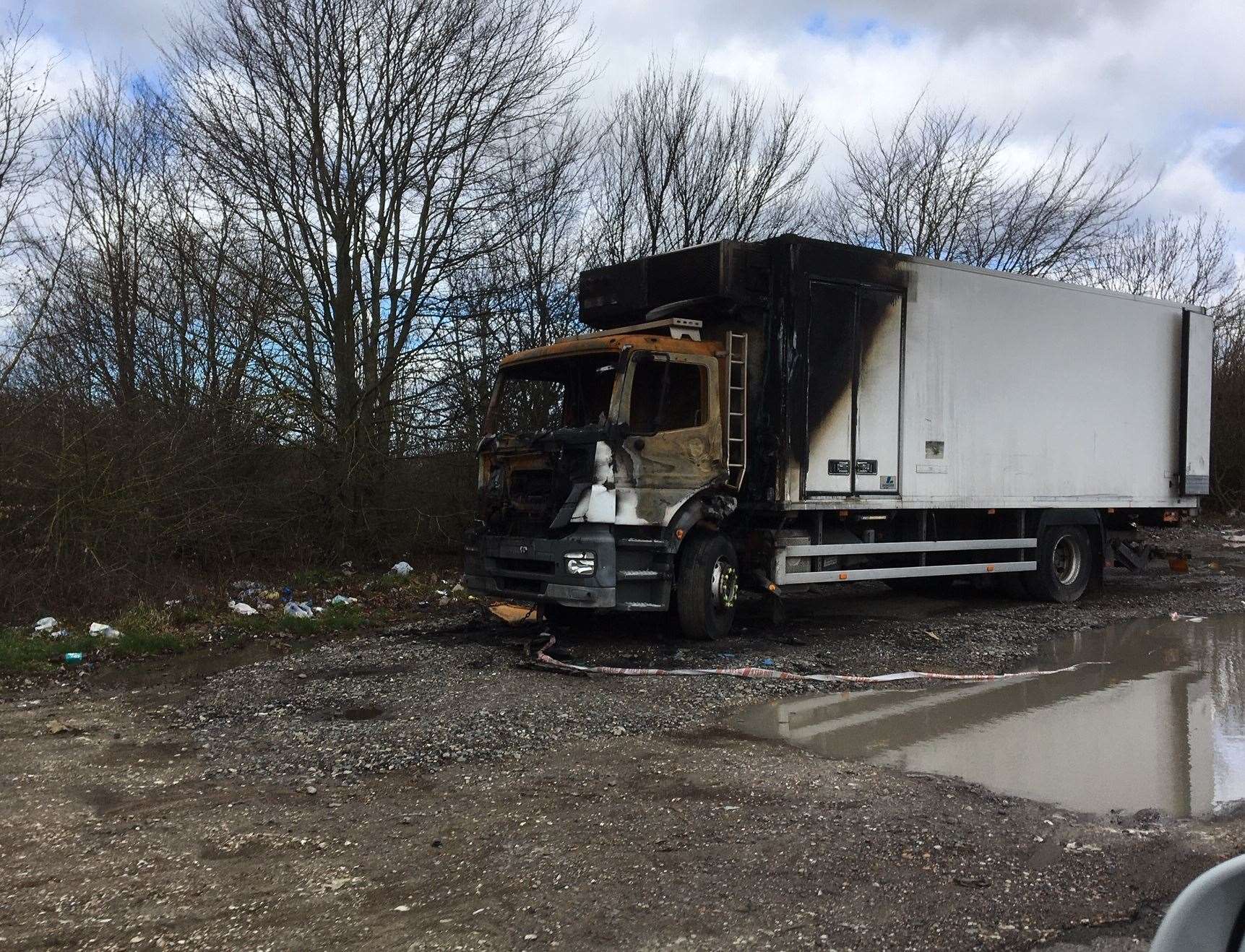 A burned-out lorry. Picture: David Bax