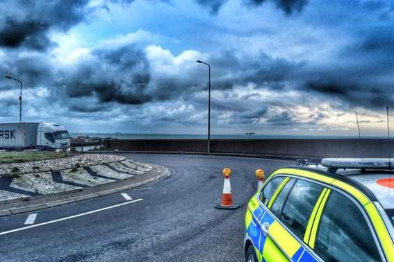 This dramatic picture shows the scene in Dover this afternoon before the storms. Picture: Kent Police Roads