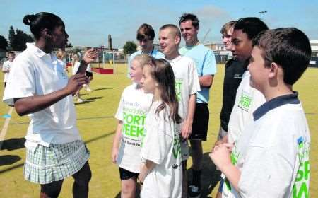 Denise Lewis chats to kids at Herne Bay High School
