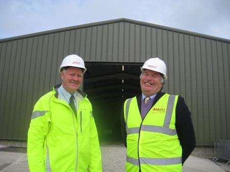 George Jessel and events centre manager Roger Moore outside the new Clive Emson Conference Centre.