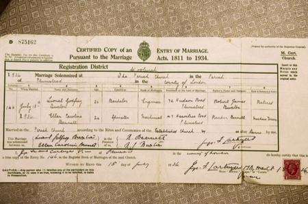 The marriage certificate from July 18 1936 of Lionel Buxton, now 99, and his wife Ellen Buxton, aged 100