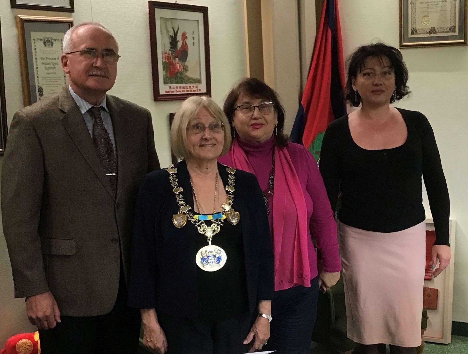 Volodymyr, his wife Luybov, and daughter Iryna meeting the Mayor of Medway Cllr Jan Aldous at Medway Council’s headquarters in Chatham