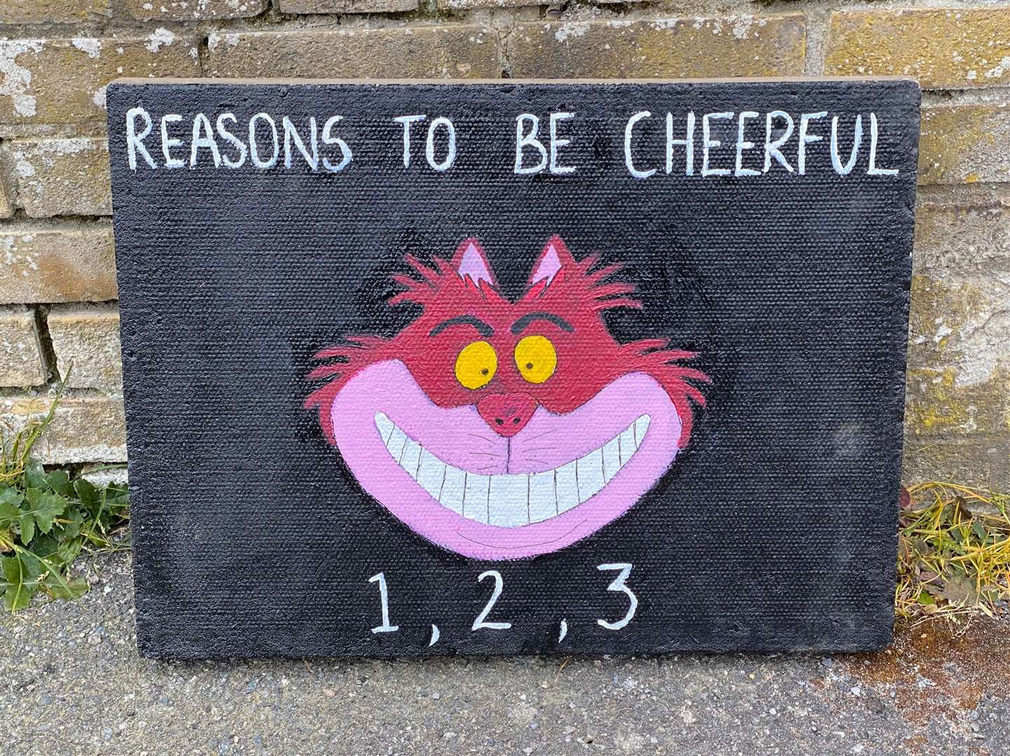 The unwavering grin of a Cheshire Cat is among the paintings on paving slabs that have been left around River near Dover by Vicky Thomas