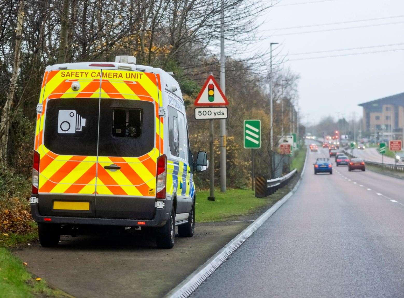 A mobile radar speed check taking place at the side of the road. Image: Stock photo.