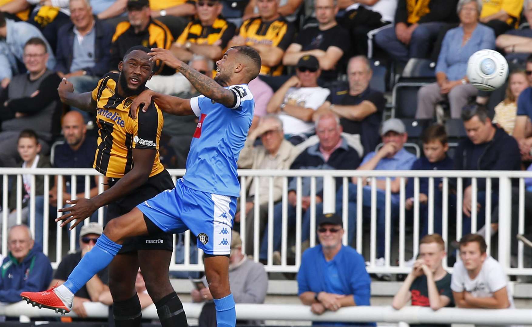 Maidstone forward Shamir Mullings does aerial battle Picture: Andy Jones