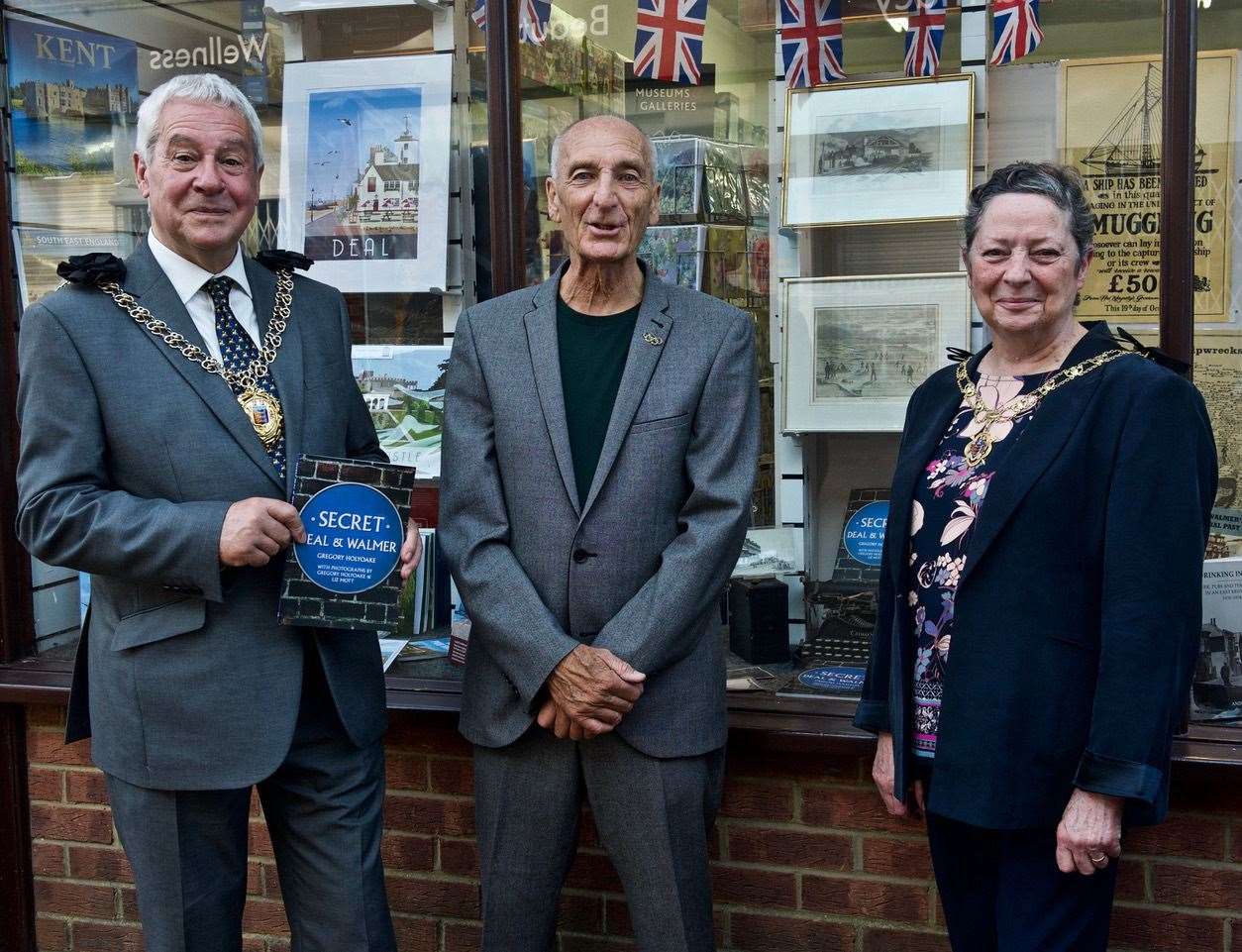Cllr Chris Turner (left) and his Mayoress, Kate Gatti with historian, Gregory Holyoake at the launch of Secret Deal and Walmer by Amberley Publishing at Roper's stationers. Picture Liz Mott