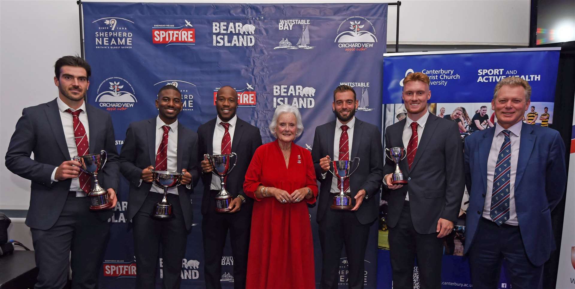 Kent men's 2023 award winners Grant Stewart, Tawanda Muyeye, Daniel Bell-Drummond, red-ball captain Jack Leaning and all-rounder Joey Evison. Picture: Ian Scammell