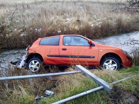 Renault Clio car in ditch in Halfway Road, Sheerness, before the Stonnes Family Centre