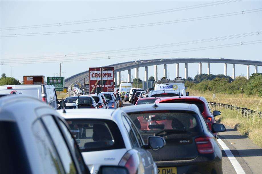 Cars on the approach to the Sheppey Crossing following the crash. Picture: Barry Hollis