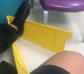 Jordan Dadd had to use a 'wet floor' sign to prop up his leg