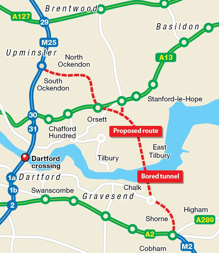 Route of the proposed new Thames crossing at Gravesham, not Dartford