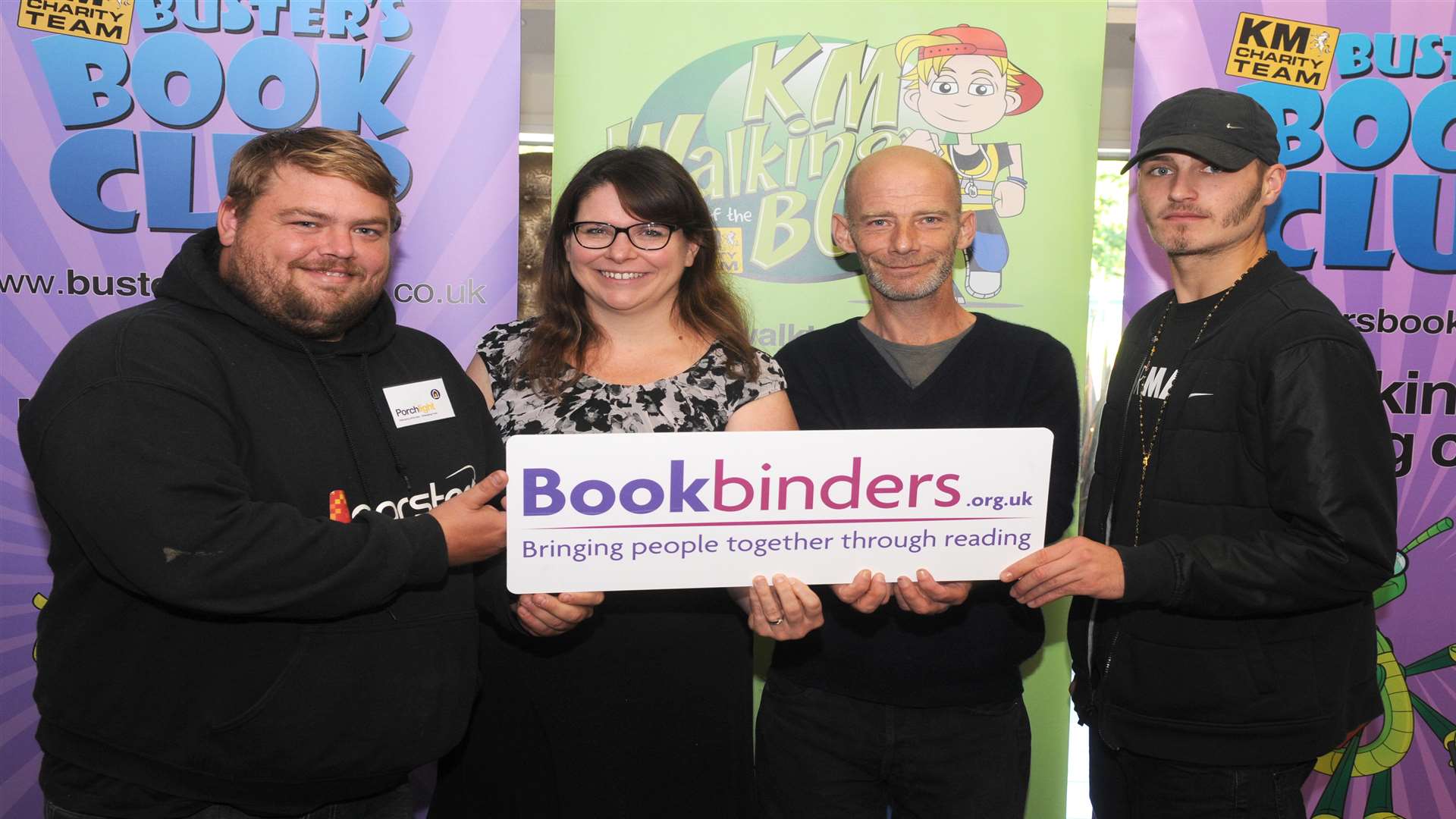 Matthew Witts of Porchlight with Rebecca Smith of KM Charity Team and Porchlight service users Dean Hyman and Lee Davis launch the Bookbinders scheme.