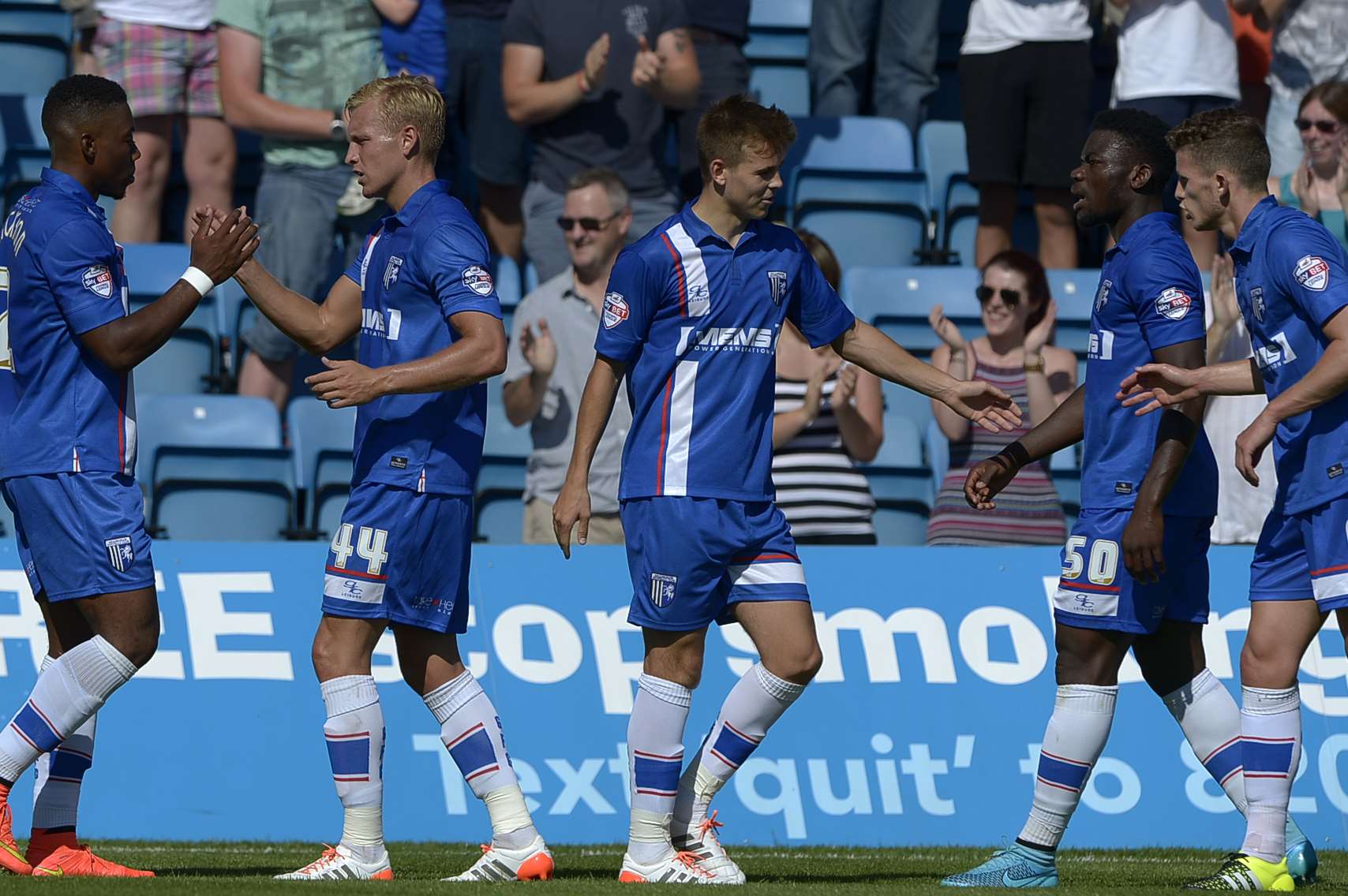 Gills celebrate Bradley Dack's opener against Wigan in August Picture: Barry Goodwin