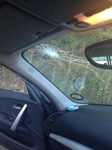Georgina Hillier was taken to hospital when her windscreen was shattered on the M25 at Dartford