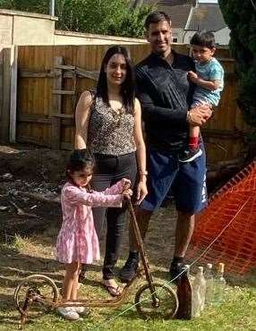 Jenny Dale and husband Hardeev with their children in the garden of their home in Singlwell Road, Gravesend, where the bomb shelter was located