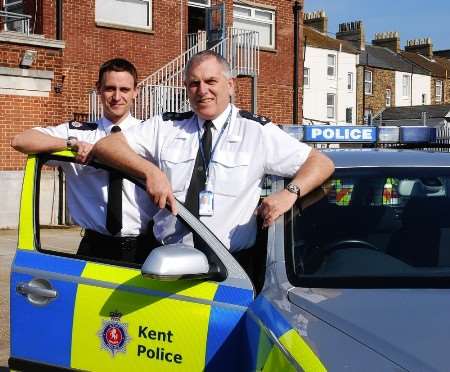 Chief Superintendent Peter West on the beat for the last time with Dover town centre constable Ashley Price