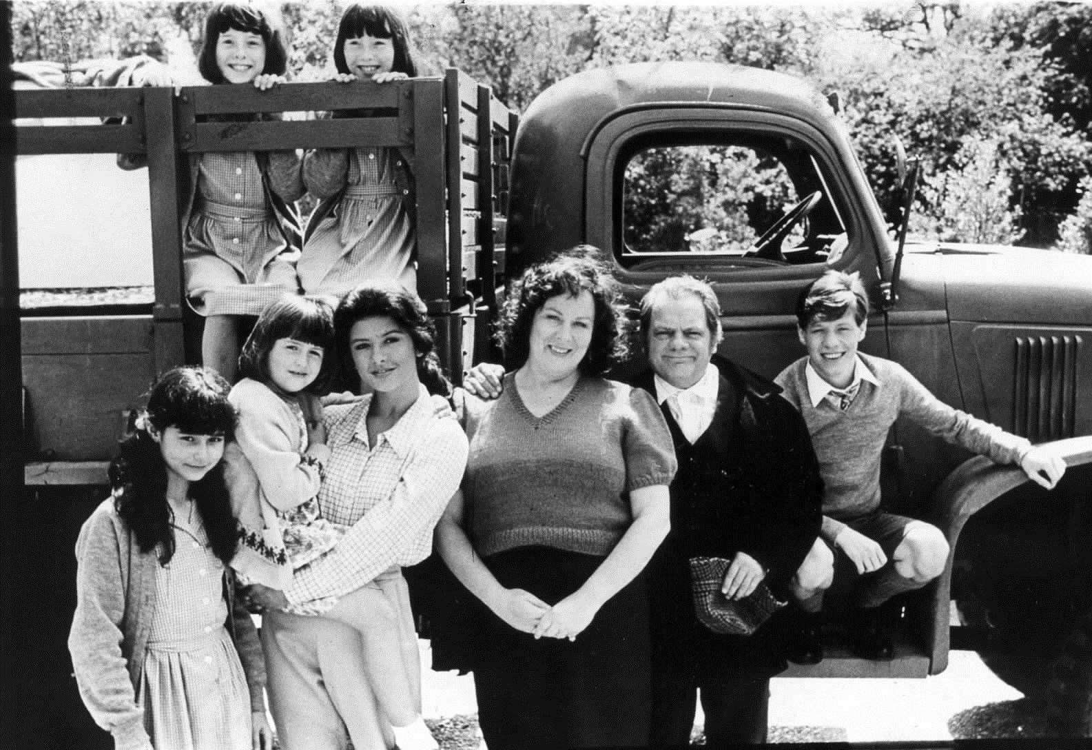 The Darling Buds of May was filmed in and around the village of Pluckley in the early 1990s. This picture of the Larkin brood with David Jason as Pop and Pam Ferris as Ma was taken on April 4, 1991