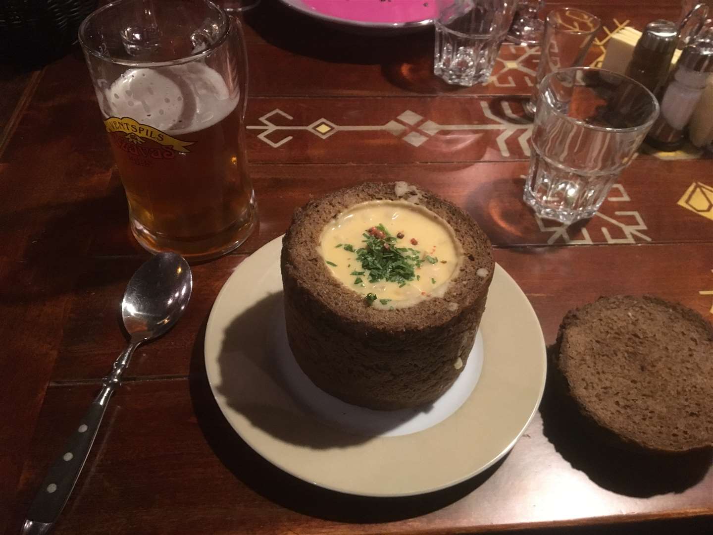 Pea and bacon soup served in a loaf of rye bread in Riga, Latvia. Picture: Ed McConnell