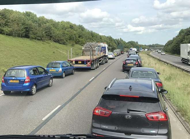 Queues of traffic on the Sheppey-bound A249 near Sittingbourne. Picture: @Josheyy_x