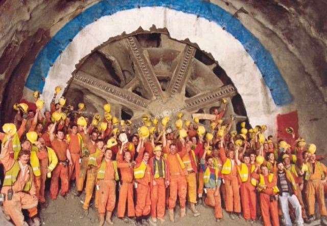 Workers at Holywell Shaft, Folkestone, with the giant boring machine used to build the Channel Tunnel