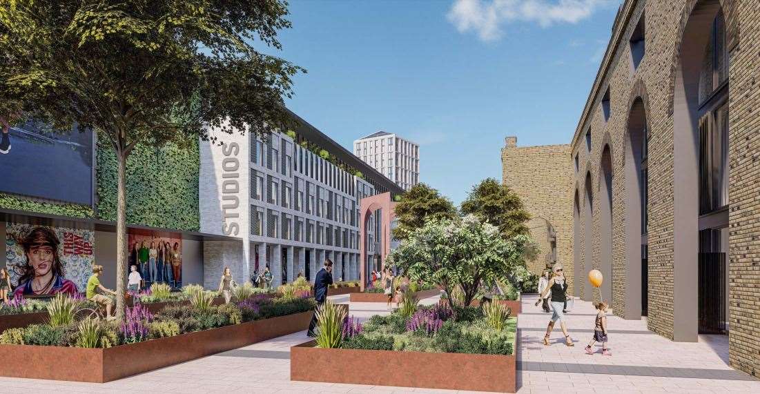 Open pedestrianised areas will run throughout the Ashford International Studios scheme
