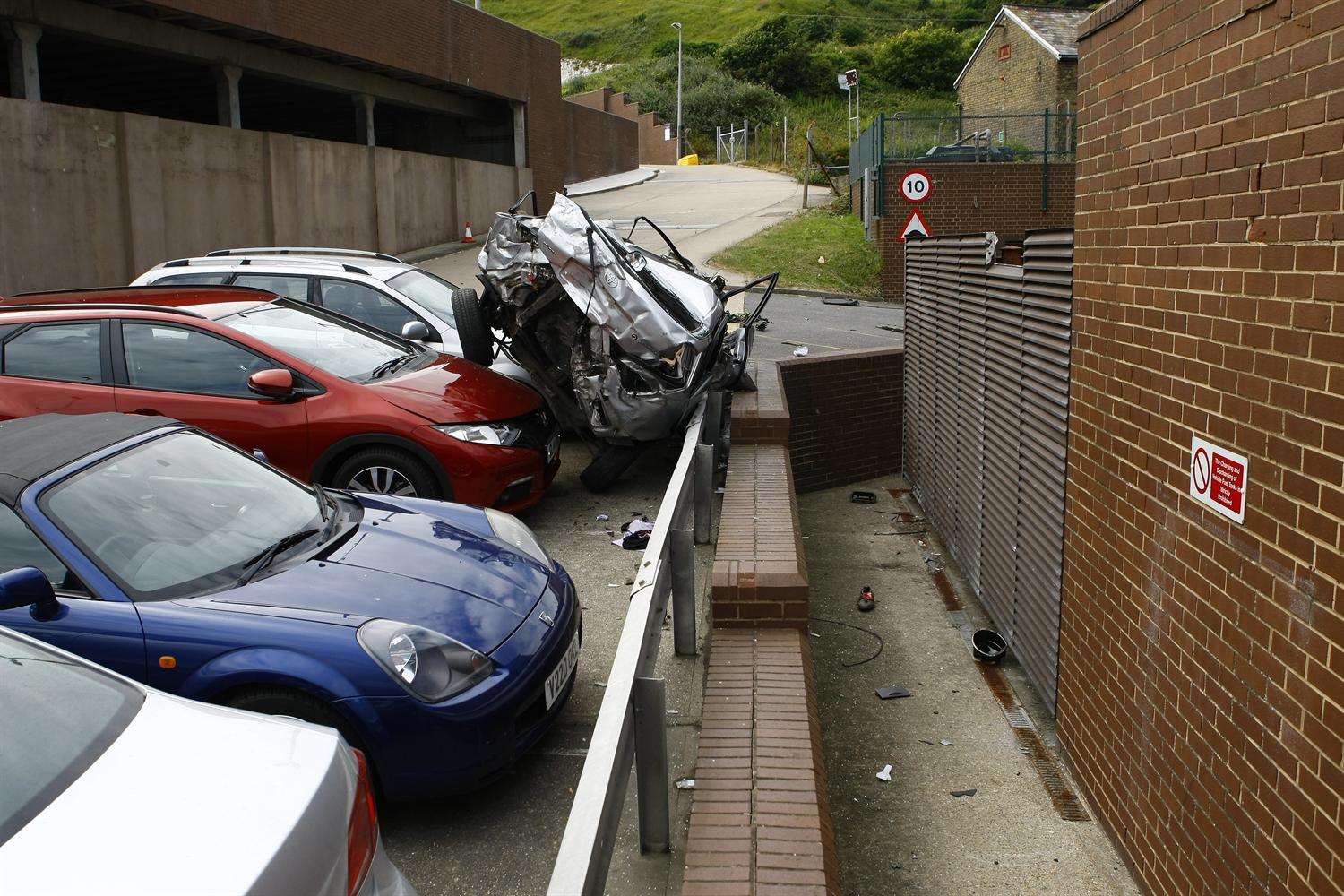 A Toyota Corolla somersaulted from the A20 roundabout into the multi-storey car park.