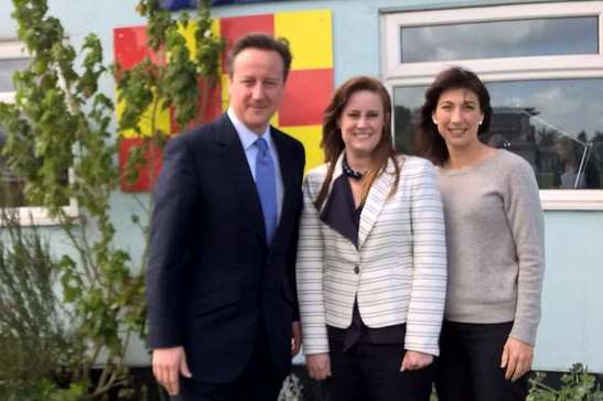 The Prime Minister and Samantha Cameron with parliamentary candidate Kelly Tolhurst at Rochester Airport.