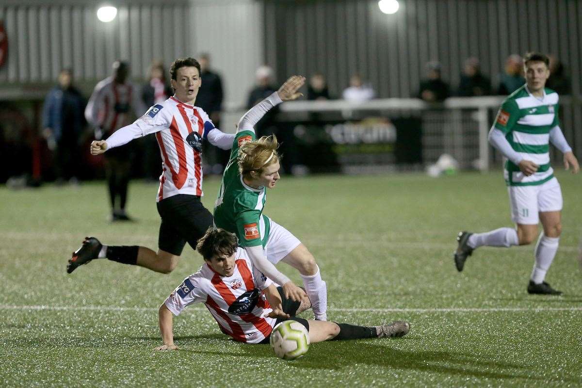 Sheppey United and Corinthian battle for honours. Picture: PSP Images