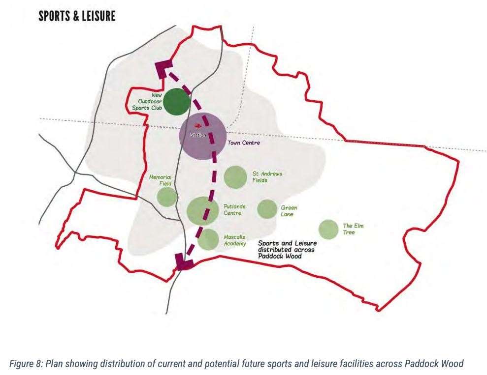 A plan showing the distribution of current and potential sports and leisure facilities across Paddock Wood. Photo: Paddock Wood Neighbourhood Plan 2020-2038