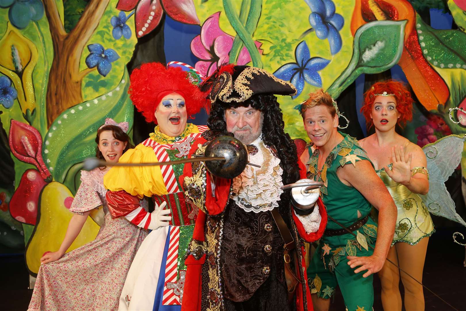 Panto launch for Peter Pan..Pictured are Jenny Huxley-Golden (Wendy), Quinn Patrick (Mrs Smee), Paul Bradley (Captain Hook), Lloyd Warbey (Peter Pan) & Holly Atterton (Tinkerbell).Assembly Hall Theatre, Tunbridge Wells..Picture: Andy Jones. (23615720)