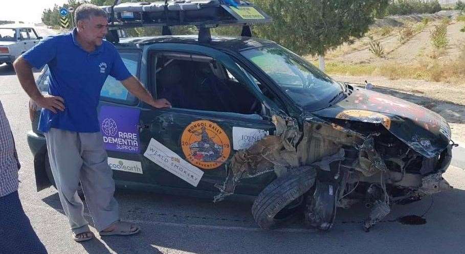 The damaged rally car