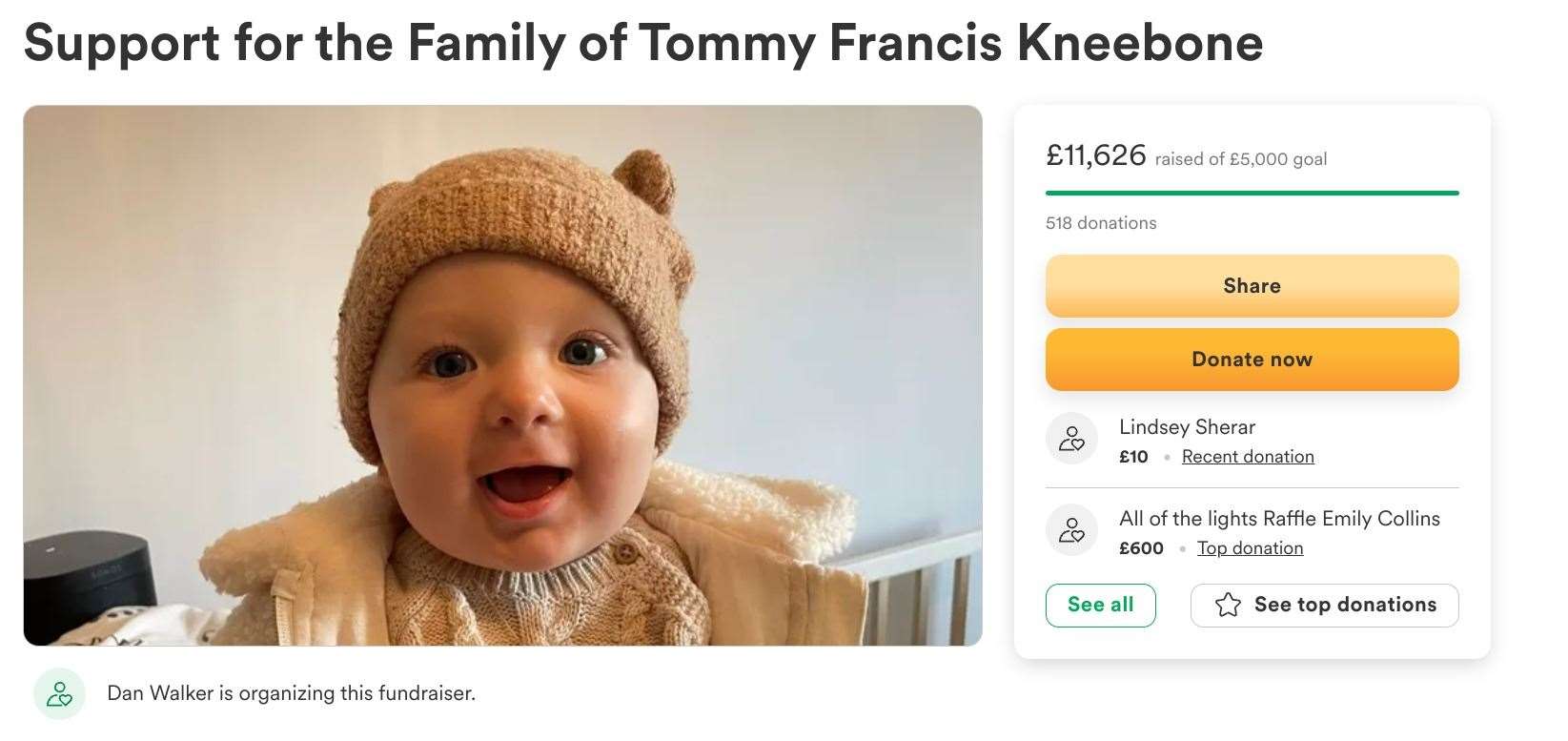 Thousands had been raised for Tommy's family after his tragic death.. Picture: GoFundMe