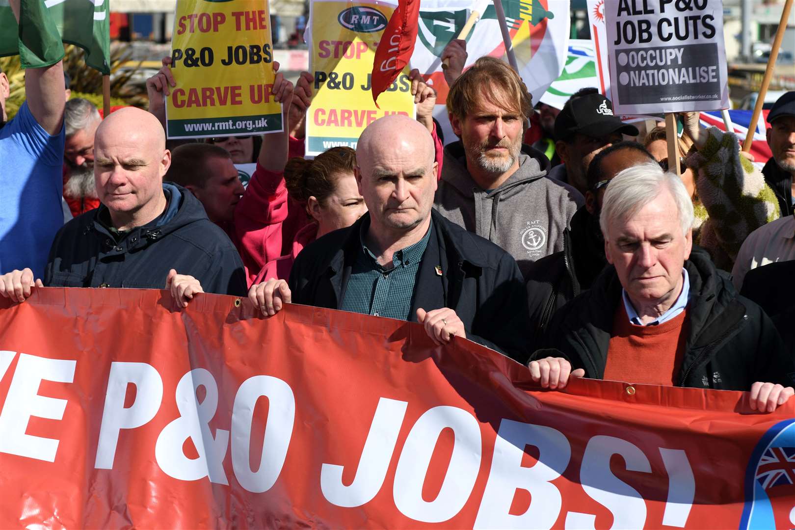 Mick Lynch leading an RMT protest in Dover over P&O's job cuts earlier this year. Picture: Barry Goodwin