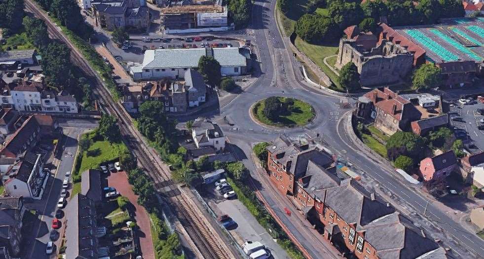 Now more built-up, here is the roundabout and Rheims Way as it is today. The castle can be seen in both photos, while Canterbury East station is at the foot of the frame. Aldi supermarket, in the former Habitat building, is in the top centre