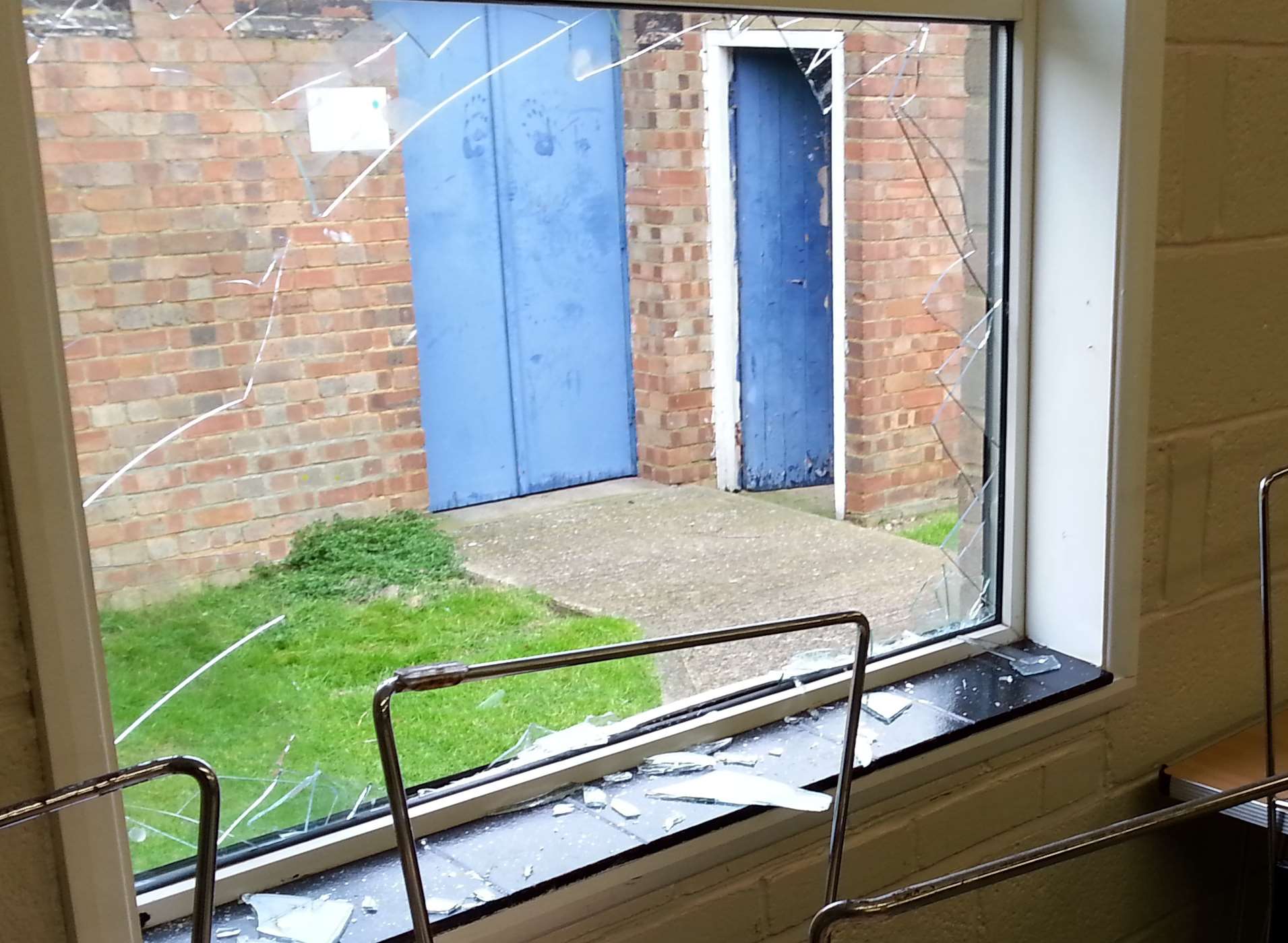 The damaged window at Sheppey Sea Cadets' base