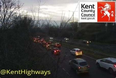 Queues on the Maidstone-bound carriageway of the A249 at Jade's Crossing, Detling, because of a vehicle fire. CCTV: Kent Highways (62511362)